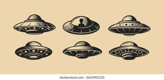 Aliens spaceships retro icons. Icons set of vintage flying saucers in retro sci-fi style. Perfect for stickers, patches, badges, t-shirt prints, branding design. Vector illustration.