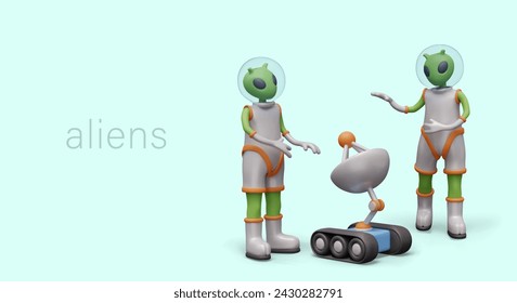 Aliens in spacesuits discuss space rover. Extraterrestrial civilization studies human technology