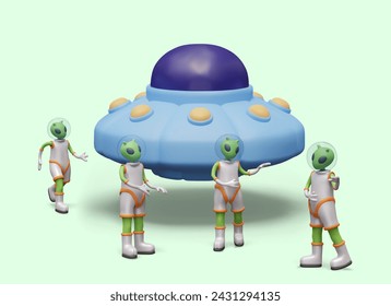 Aliens in spacesuits near UFO. Green humanoids stand near flying saucer