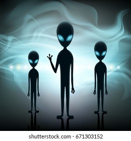 Aliens stand in the background of a spaceship. Contact with extraterrestrial life. Space invaders on UFO. Stock vector illustration.