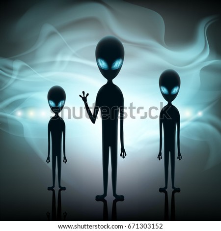 Aliens stand in the background of a spaceship. Contact with extraterrestrial life. Space invaders on UFO. Stock vector illustration.