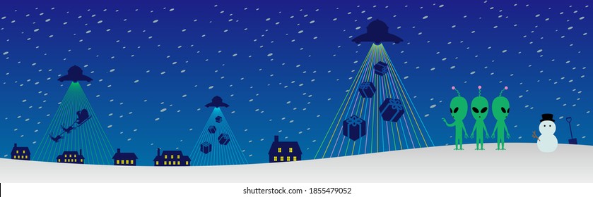 Aliens standing on the snow. In the background are the snowstorms at night and the houses with lights. A UFO is firing a laser beam at the ground and sucking up Christmas gifts. An imaginary illustrat