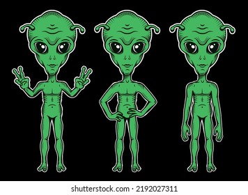 Aliens Standing in Various Poses.. Vector Humanoids Illustration.