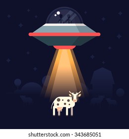 Aliens steal  the earth animals as examples for research. Star ship and aliens on the back. Vector illustration. 