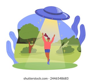 Aliens steal woman. Young girl in ray of UFO. Cosmos and galaxy. Imagination and fantasy. Fictional history and scene at night. Cartoon flat vector illustration isolated on white background