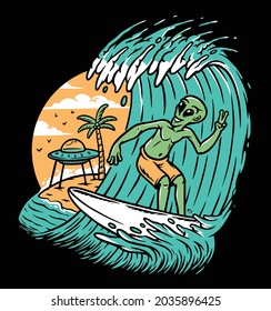 Aliens surfing on the beach illustration