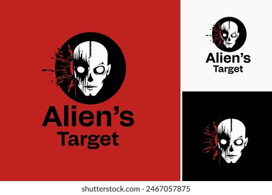 Alien's target bloody head shot logo: A target with bloody bullet holes on an alien's head, symbolizing action and intensity. Perfect for gaming companies or sci-fi enthusiasts.