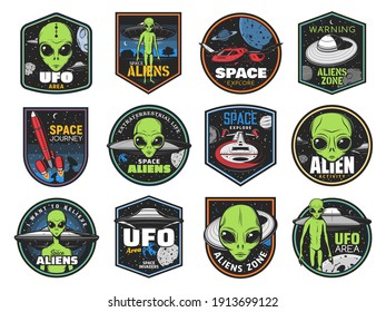 Aliens, ufo area and space shuttles vector retro icons. Extraterrestrial comer with green skin and huge eyes. Space exploration labels with spaceship in outer cosmos, saucers in starry sky, alien zone