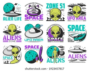 Aliens, ufo area and space shuttles vector retro icons. Extraterrestrial comer with green skin and huge eyes. Space exploration labels with spaceship in cosmos, saucers in sky, alien zone emblems set