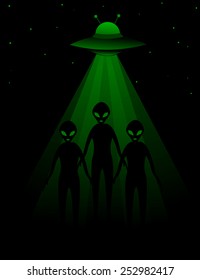 Aliens with UFO dark background 
