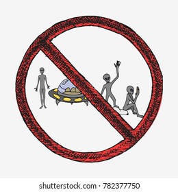 Aliens with ufo doodles. Hand drawn vector illustration