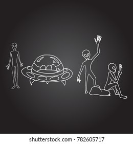 Aliens with ufo doodles. Hand drawn vector illustration
