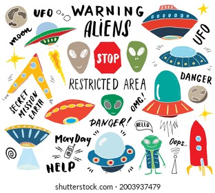 Aliens and Ufo Hand Drawn sketch Set. Cute Cartoon alien spaceships Doodles and Lettering Vector Illustration.