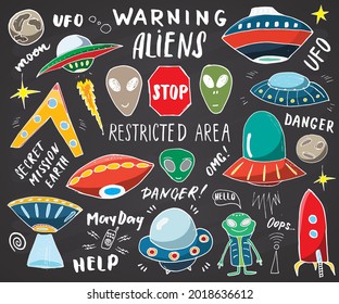 Aliens and Ufo Hand Drawn sketch Set. Cute Cartoon alien spaceships Doodles and Lettering Vector Illustration on chalkboard background.