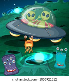 Alimentos en OVNI en ilustración del espacio ultraterrestre