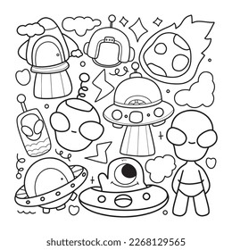 Aliens and ufo outline cartoon. Vector illustration