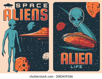 Aliens and UFO retro posters. Extraterrestrial life and spaceships, space exploration vector vintage banners with flying saucer, far galaxy planets and humanoid alien with big eyes and blue skin