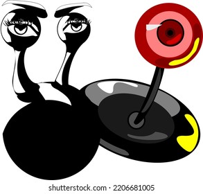 Aliens, ufo and robotiv eye vector retro icons. Extraterrestrial comer with no arms,   round fat body and huge eyes. Red, Yellow and Black