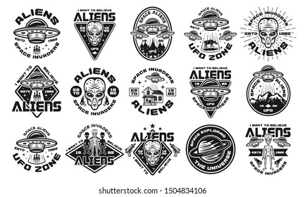 Aliens and ufo set of fifteen vector emblems, labels, badges or logos in vintage monochrome style isolated on white background