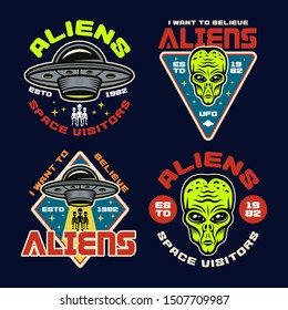 Aliens and ufo set of four colored vector emblems, labels, badges, stickers or t-shirt prints in vintage style on dark background