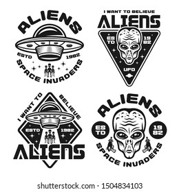 Aliens and ufo set of four vector emblems, labels, badges or logos in vintage monochrome style isolated on white background