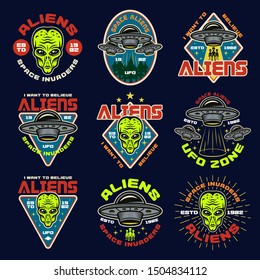 Aliens and ufo set of nine colored emblems, labels, badges, stickers or prints. Vector illustration in vintage style