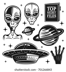 Aliens and ufo set of paranormal activity vector objects and design elements in monochrome style isolated on white background