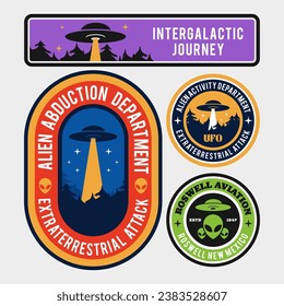 Aliens and ufo set of vector emblems, labels, badges or logos.