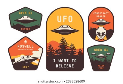 Aliens and ufo set of vector emblems, labels, badges or logos.