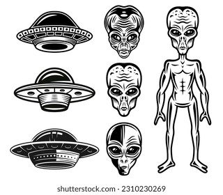 Aliens and ufo set of vector objects or graphic elements in vintage monochrome style isolated on white background