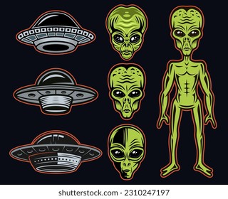 Aliens and ufo set of vector objects or graphic elements in colored cartoon style on dark background