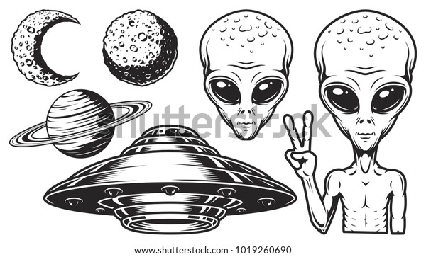 Aliens and ufo set of\
vector objects and design elements in monochrome style isolated on\
white background