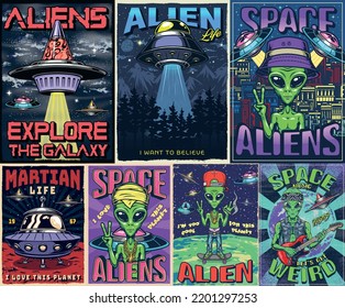 Aliens UFO set vintage posters colorful green extraterrestrial monsters from space and flying saucers with mystical glow vector illustration