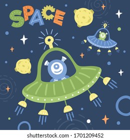 Aliens and ufo in the space. Cartoon vector illustration. 