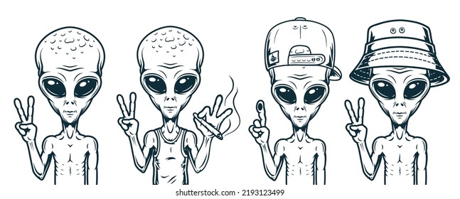 Aliens UFO stickers vintage monochrome peace-loving human-like creatures arrived on flying saucer from outer space Martians V gesture vector illustration