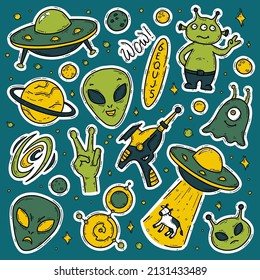 Aliens, unidentified flying object UFO vector doodle stickers set. Funny cartoon green creatures in space. Cow abduction, blaster gun and crop circles.