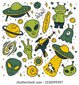 Aliens, unidentified flying object UFO vector doodle icons set. Funny cartoon green and yellow creatures and martians in space. Cow abduction, blaster gun and crop circles on a white background