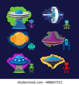 Aliens vector characters. Space invaders monsters with UFO illustration set