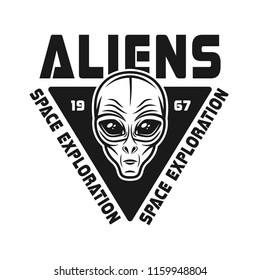 Aliens vector emblem with face of humanoid in vintage monochrome style isolated on white background