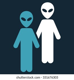 Aliens vector icon. Style is flat bicolor blue and white symbol, rounded angles, dark blue background.
