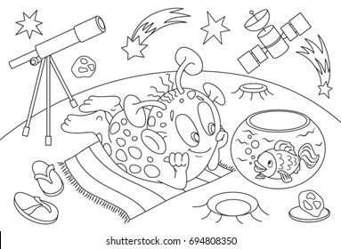 Aliens vector illustration, coloring book for kids. Monsters Doodle page. Childrens background. Space Coloring book page. 