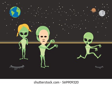 Aliens vector illustration. Extraterrestrial fun. Alien cartoon character. Aliens under the night sky