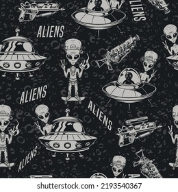 Aliens vintage seamless pattern monochrome with ufo and weapons near humanoids greeting people with cigarette in hand vector illustration