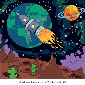 Extraterrestres saludando al astronauta. Marte, base espacial en un planeta alienígena. Paisaje futurista con líneas, nave espacial, cohete. Exploración de la galaxia, concepto de misión cósmica, ilustración de dibujos animados de Vector