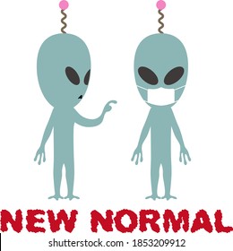 Aliens wearing face masks and aliens pointing at them. The letters "NEW NORMAL" are laid out at the bottom. New normal and new manner announcement illustration. 
