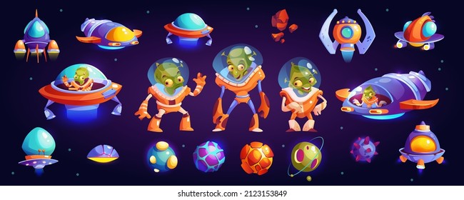 Aliens wearing spacesuits, spaceship in outer space, set of cartoon characters, spacecrafts and planets. Vector extraterrestrial dwellers creatures in universe. Globes with magma, meteors, asteroids