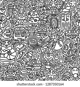 Alien's winter holidays doodle vector seamless pattern. Black and white hand drawn background with cute monsters and new year gifts and decorations. Funny robots christmas art texture