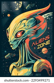 Aliens zone colorful vintage flyer with martian in outer space near solar system planets and futuristic ufos vector illustration