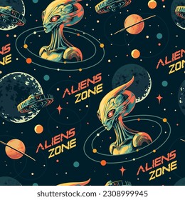 Aliens zone seamless pattern colorful with scary martians and round flying saucers for decoration of space books vector illustration