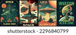 Aliens zone set flyers colorful with cities for martians and flying saucers landing on surface of moon vector illustration